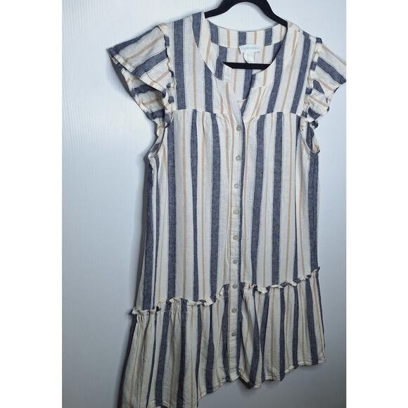 Cynthia Rowley Linen Blend Shirt Dress Large Striped Drop Waist Lagenlook Beachy - Picture 2 of 7
